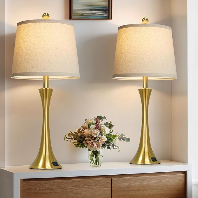 27.5" Gold Lamps Set of 2, Touch Control 3-Way Dimmable Bedside Nightstand Lamps Bedroom Lamp,Modern Gold Table Lamp with USB A+C Ports,Tall Lamps for Living Room End Table Home Office