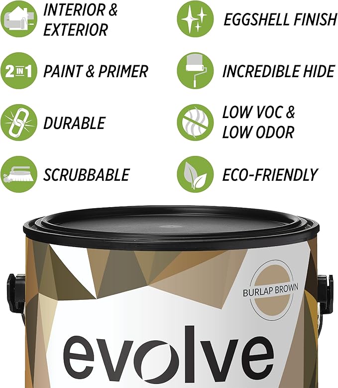 EVOLVE Paint & Primer: Environment-friendly, Low Sheen with One-coat Coverage for Interior & Exterior surfaces (Burlap Brown, 5-Gallon)