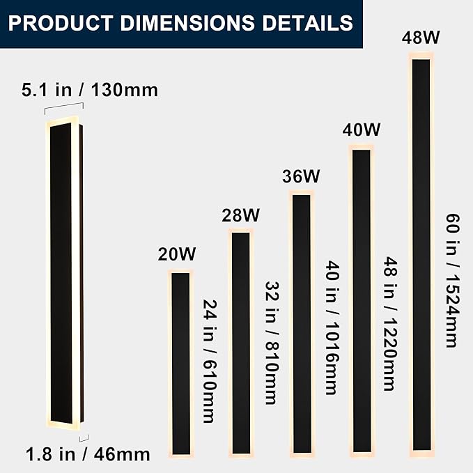 MELUCEE Exterior Wall Lights for House 2 Pack 60 Inch Long Strip Modern Outdoor Light Wall Fixture Sconce, Dimmable Outside Linear Exterior Lights, Black Wall Mount Lighting for Porch Corridor, Garage