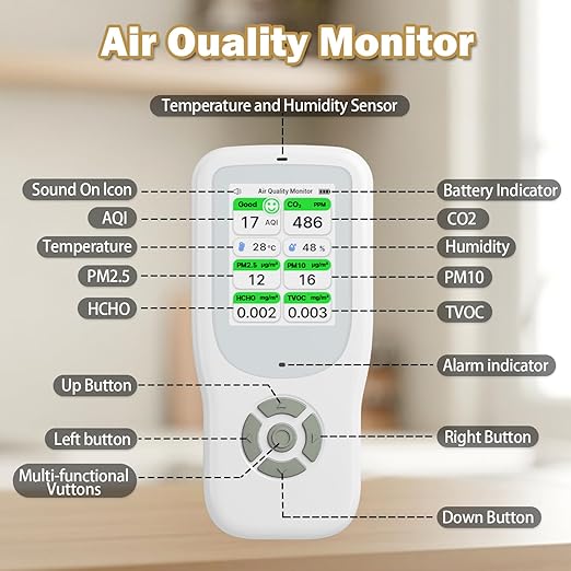 11-in-1 Air Quality Monitor - Portable Indoor Air Quality Detector with Stand, Real-Time Test for AQI, CO2, PM2.5, PM1.0, PM10, TVOC, HCHO, Particles, Temperature & Humidity with Aler (White-White)