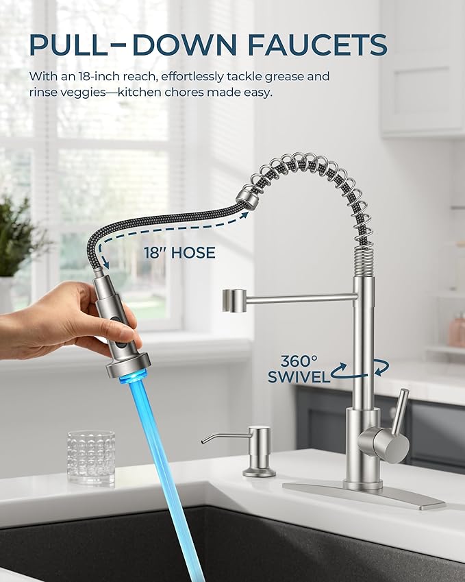 FORIOUS LED Kitchen Faucet with Soap Dispenser, Brushed Nickel Stainless Steel Traditional Spring Commercial Pull Out Sink Faucet with Pull Down Sprayer for Laundry RV Camper Bar Farmhouse
