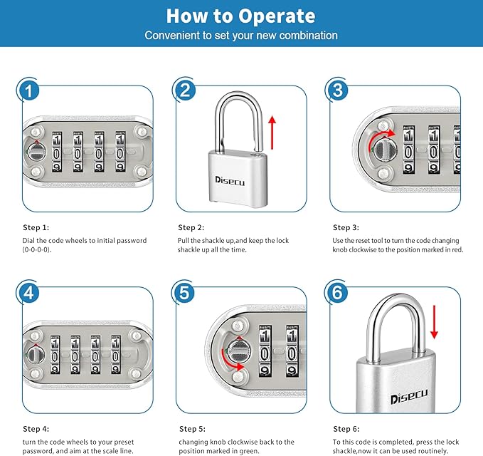 1 Pack disecu Heavy Duty 4 Digit Combination Lock, Anti-Error Feature, Outdoor WaterproofPadlock for School Gym Locker, Fence, Gate, Hasp Storage, Toolbox (Silver)