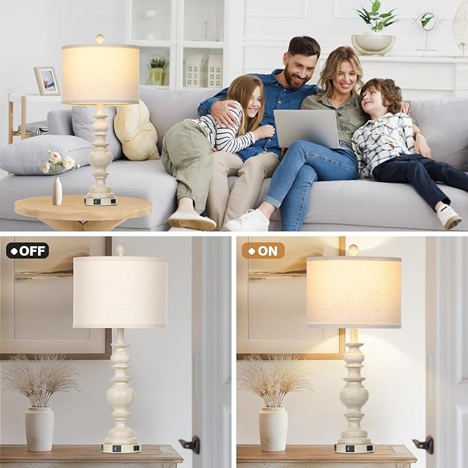 27.5" Farmhouse Table Lamps Set of 2, Rustic Living Room Lamps with USB C+A Ports & AC Outlet, Vintage Bedside Lamps with Linen Shade, Tradition Bedroom Lamps for Nightstand Side End Table Desk, Beige