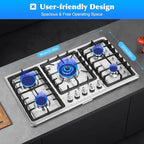 5 Burners Built in Gas Stovetop Cooker Gas Range Portable Stainless Steel Cooktop LPG/NG Dual Fuel Cast Iron Grate Gas Stove Kitchen Cooking Stove for Home RV Outdoor Apartment Silver(33.85x19.68Inch)