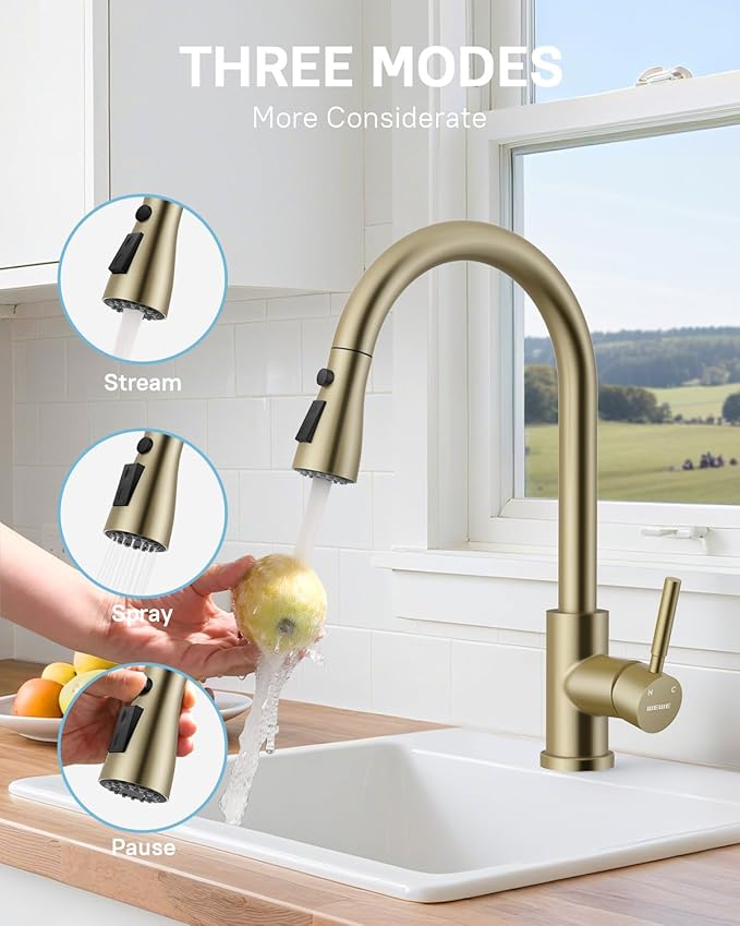 WEWE Kitchen Faucets with Pull Down Sprayer, Stainless Steel Single Handle 1 Hole for Family Kitchen Commercial Camper Laundry Rv Bar, Gold