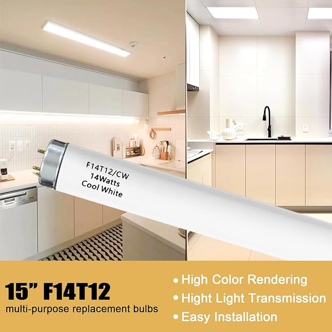 14 Watts F14T12/CW Fluorescent Light Bulb, T12 Liner Fluorescent Tube, 15 Inches Overall Length, T12 14W Cool White Light Color, G13 Bi-Pin Cap, 4 Pack