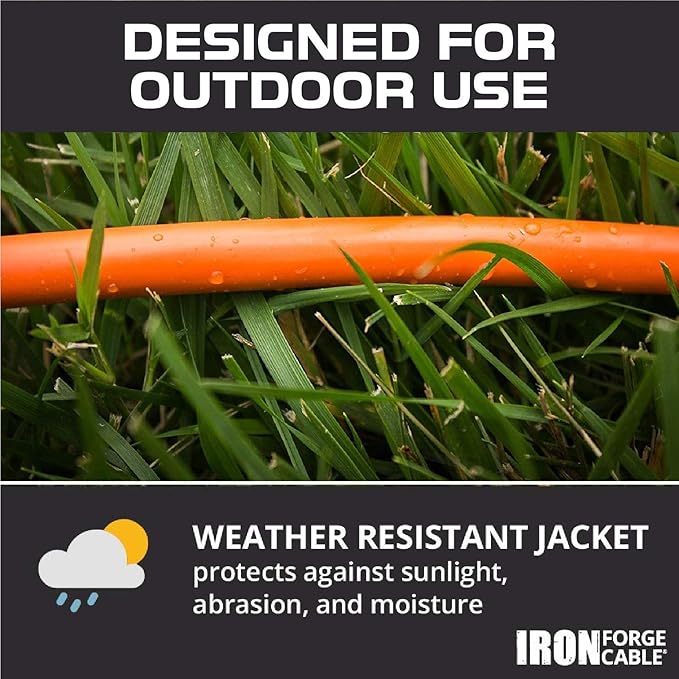 Iron Forge Cable Weatherproof 25 Ft Outdoor Extension Cord - 16/3 SJTW 13 Amp Heavy Duty Highly Visible Orange Extension Cord 3 Prong - Lighted End
