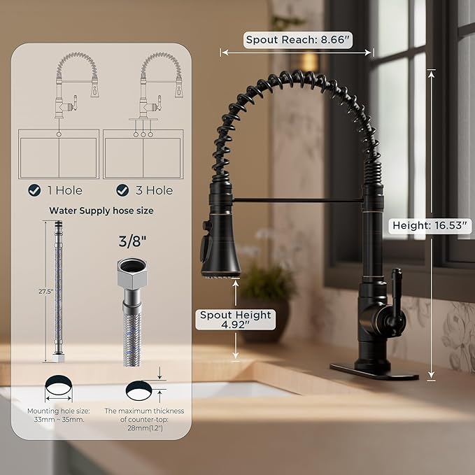 FORIOUS Antique Kitchen Faucet with Pull Down Sprayer, Oil Rubber Brown, High Arc Single Handle Vintage Spring Sink Faucet 1 or 3 Hole for Pot Filler, Farmhouse Camper Laundry Camper