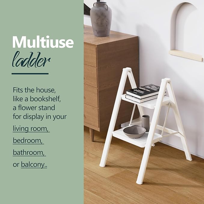 WOA WOA 2 Step Ladder, Folding Step Stool with Broad Pedals, Compact Stepping Stool, Sturdy Steel Ladders for Home with Anti-Slip Feet, Supports up to 330 lbs - White