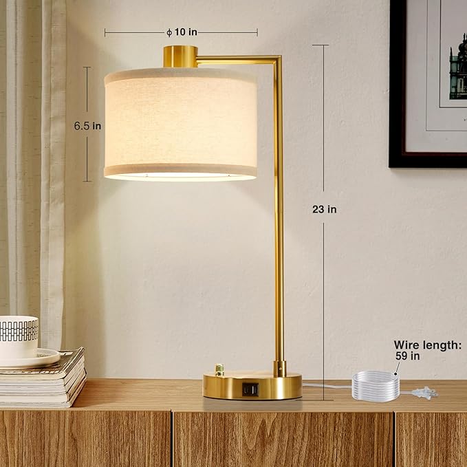 Luvkczc Table Lamp for Bedroom Set of 2 with USB C+A Ports, Fully Stepless Dimmable Bedside Lamp with Linen Lampshade, Nightstand Lamp for Living Room Reading Office, 2 LED Bulbs Included (Gold)