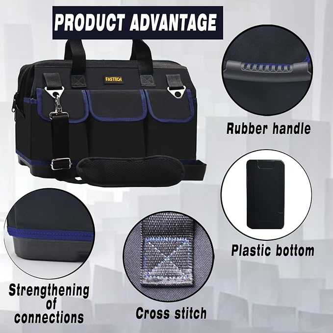 FASTECH 22 Inch Tool Bag, Waterproof Wide Mouth Tool Kit, Heavy Duty Tool Bag Organizer With Shoulder Straps and Molded Base, Tool Storage Package For Screwdrivers, Pliers, Nut Drivers (DarkBlue22IN)