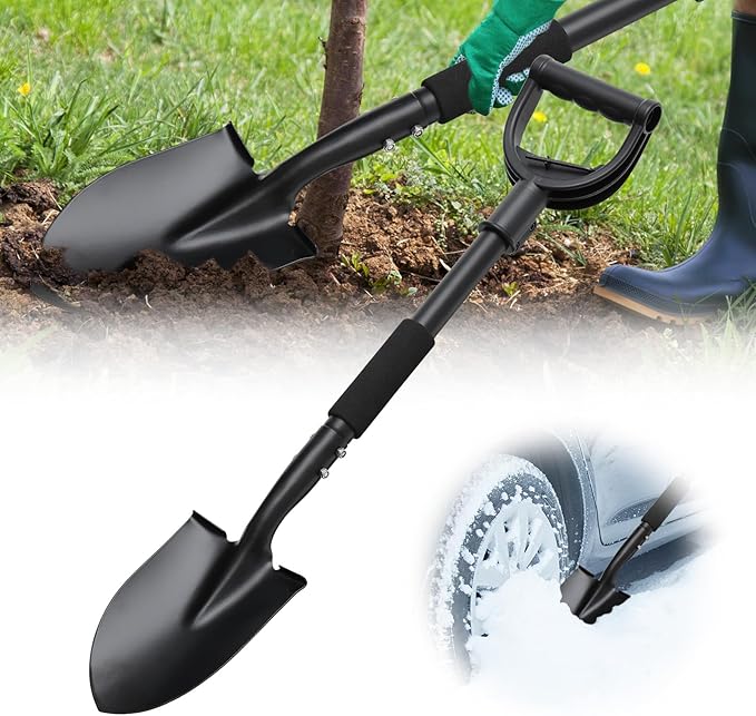 31" Compact Garden Shovel with D-Grip Handle - Rust-Proof Lightweight Metal Tool for Raised Beds, Tight Spaces & Emergency Use (Kids/Adults Friendly), Black