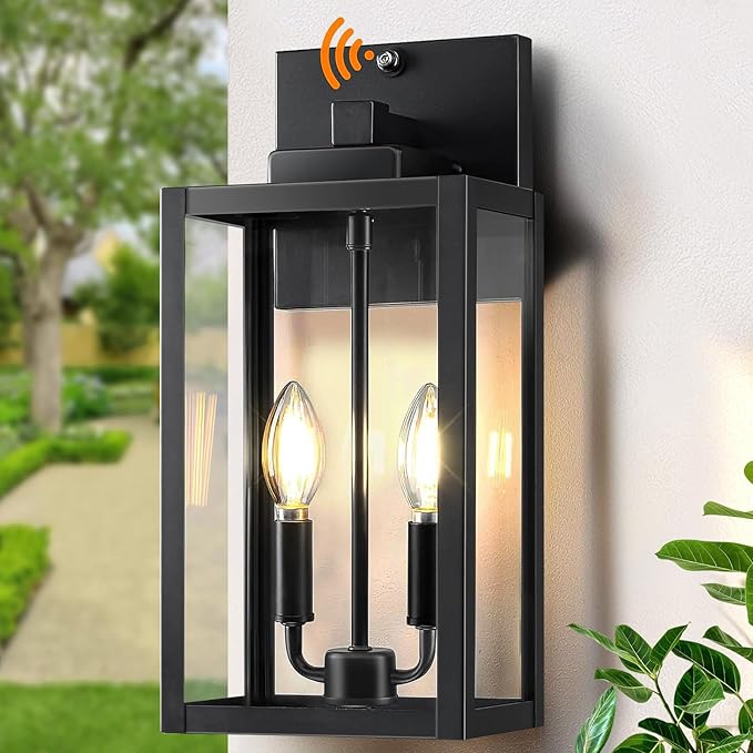 15.4" Dusk to Dawn Black Outdoor Wall Lantern 2-Light, Outside Modern Wall Sconce Light Fixture, Industrial Porch Light with E12 Sockets, Waterproof Exterior Lamp Lighting, 1 Pack