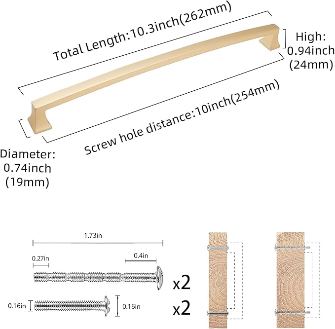 COTYKILEY 10 Pack 10 Inch(254mm) Brushed Brass Cabinet Handles Gold Kitchen Cabinet Pulls Cabinet Door Handles Kitchen Cabinet Hardware