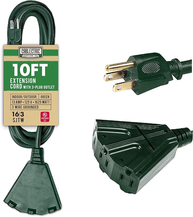 10 ft Outdoor Extension Cord 3 Outlet, 16/3 SJTW Weatherproof Multiple Plugs Green Extension Cord 3 Prong, 13 Amp Exterior Power Cable Three Way Plug for Outside & Landscaping
