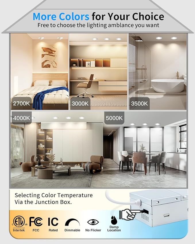 Adetu 3 Inch 5CCT Gimbal Led Recessed Lighting with Junction Box, 2700K/3000K/3500K/4000K/5000K Selectable, 7W Eqv 80W, 360°+90° Adjustable Recessed Lights, 800LM Brightness - ETL (White, 6 Pack)