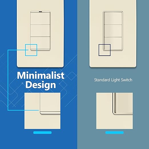 LIDER Minimalist Design Matte Finish Lighted Triple Switch with Screwless Wall Plate, Combination Decorator Switch with Locator Light, Ground Terminal, Single Pole, 15A 120V, UL Listed, Light Almond