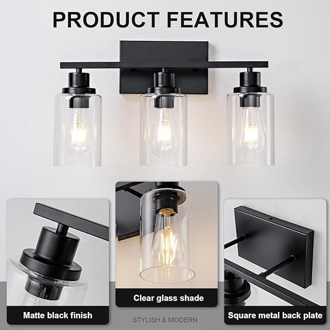 3 Light Bathroom Light Fixtures Black Vanity Light Over Mirror Modern Farmhouse Wall Lighting Sconces Rustic Industrial Wall Lamp for Bathroom, Bedroom, Living Room E26 Socket with Glass Shade