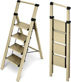 HillhutApex 4 Step Foldable Aluminum Step Ladder with Handgrip, Anti-Slip Pedal, 330 lbs Capacity, Lightweight & Portable for Home, Kitchen, Office, Garage (Gold)