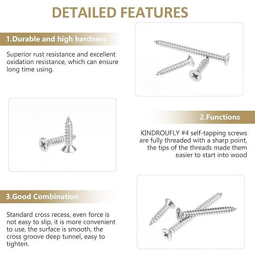202 Pieces #4 x 1/2" 5/8" 3/4" 1" 1-1/4" Phillips Countersunk Head Self-Tapping Screws, Wood Screws Assortment Kit, 304 Stainless Steel