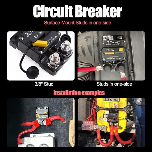 E9 3/8" Studs 200 Amp Circuit Breaker with Manual Reset | UL Certified | 12V - 48V DC Waterproof IP67 for Car Audio 200A Switchable Surface Mount