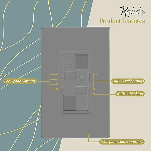 TOPGREENER Kalide Combo Dimmer Switch with 3-Speed Fan Control, Light and Fan Combination Switch, Single Pole, 2.5A, 200W LED/CFL, Neutral Wire Not Required, TGDSFS3-GY, Gray