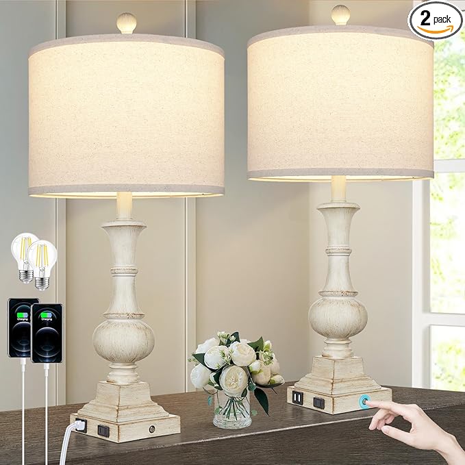 26" Farmhouse Table Lamps Set of 2, Rustic Touch Control Bedside Lamps with 2 USB Ports & AC Outlet, Vintage White Resin 3-Way Dimmable Nightstand Lamp Linen Fabric Shade for Living Room Bedroom Decor
