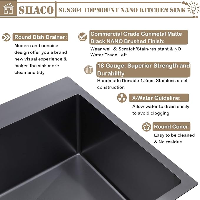 SHACO 33x22 Black Drop In Kitchen Sink, 33 Inch Large Top Mount Gunmetal Black Farmhouse Sink, Single Bowl Basin 16 Gauge SUS304 Stainless Steel Wet Bar Prep Sink