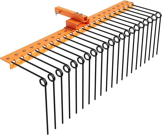 Tow Behind Landscape Rake, 48" Tow Dethatcher with 17 Steel Coil Tines, Lawn Dethatcher Rake Attaches to 48" or 60" Toolbars and 3-Point Suspension Systems, for Leaves, Pine Needles, and Grass, Orange