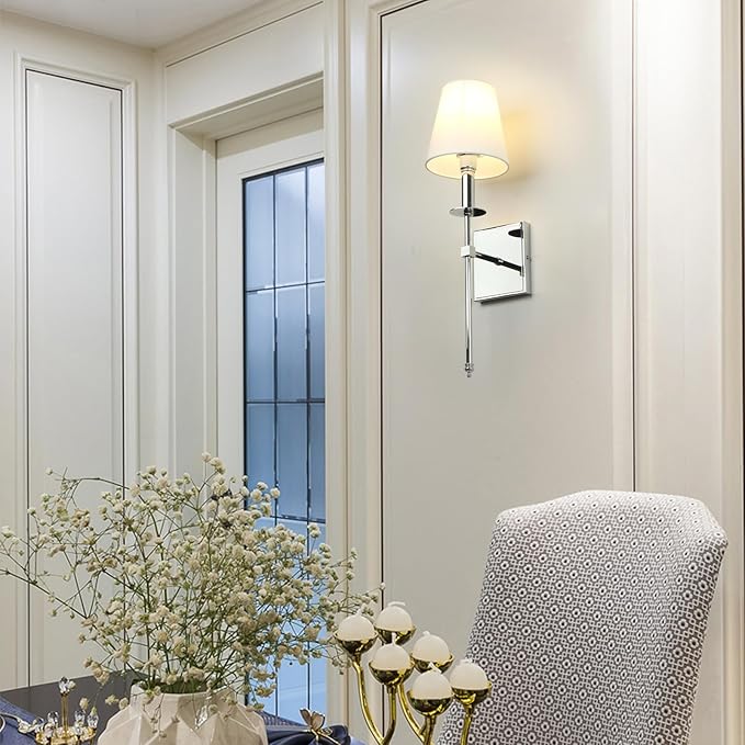 PERMO Single Classic Rustic Industrial Wall Sconce Lighting Fixture with Flared White Textile Lamp Shade and Chrome Tapered Column Stand