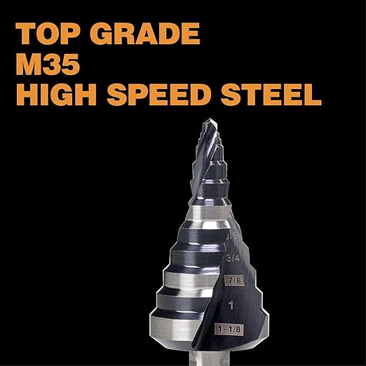 Heavy Duty M35 HSS 1/4 to 1-1/8 Inch Step Drill Bit with Double Flutes, Large High Speed Steel Step Bit for Stainless Steel, Metal, Wood