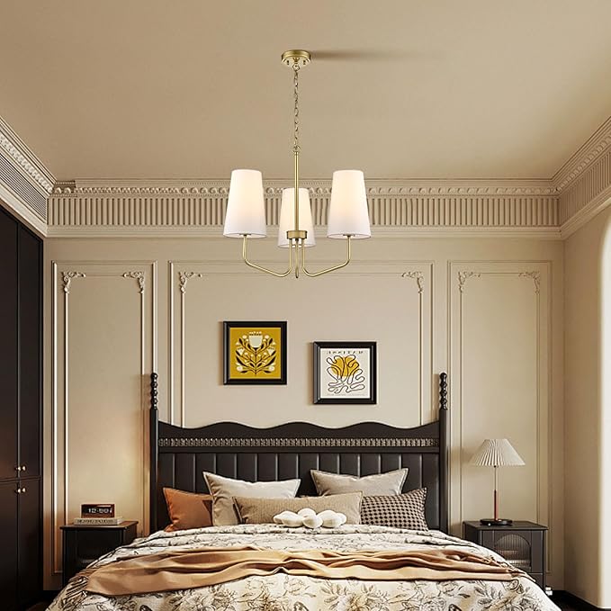 Modern Gold 3-Light Chandelier with Fabric Shade Chandelier E26 Pendant Light for Living Room, Entryway, Living Room,Bedroom Adjustable