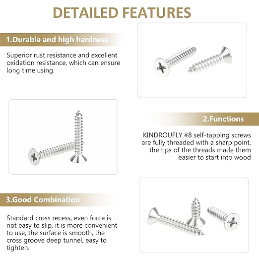 142 Pieces #8 x 1/2" 5/8" 3/4" 1" 1-1/4" Phillips Countersunk Head Self-Tapping Screws, Wood Screws Assortment Kit, 304 Stainless Steel