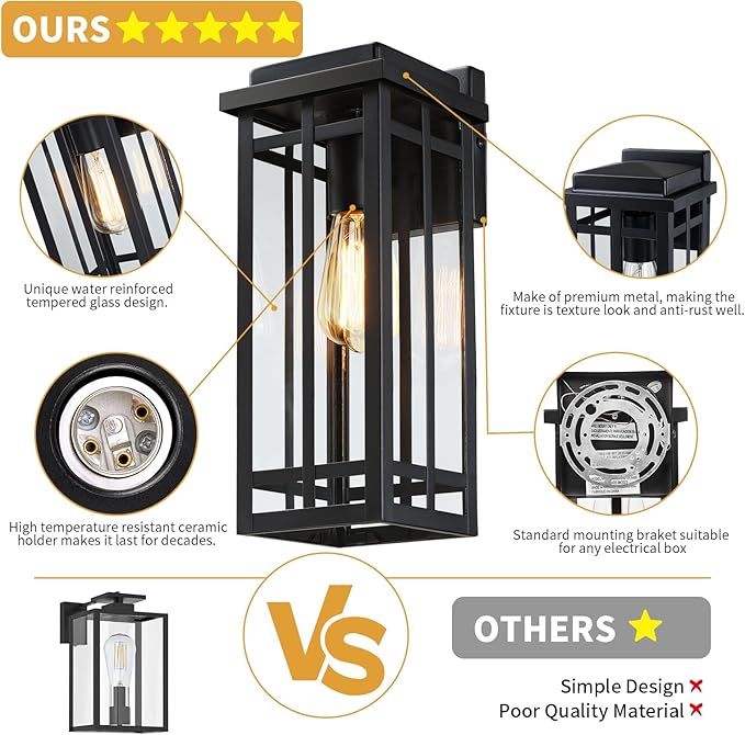 13.8'' Outdoor Wall Light Fixtures 1 Pack, Black Porch Lights Outdoor Lighting for House, Exterior Lighting Fixtures Wall Lanterns, Waterproof Modern Outside Sconce Lights for Patio Garage (No Sensor)