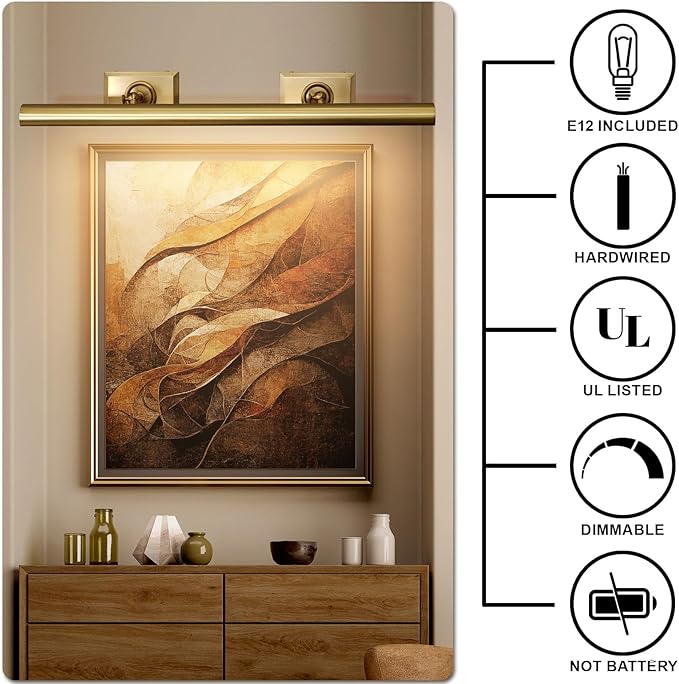 Picture Light, 30in Hardwired Picture Lights for Wall, Dimmable Wall Sconces Poster Light, Brass 4 Lighting for Paintings Frames Art Display Gallery Bedroom Living Room-Included Bulbs(Gold)
