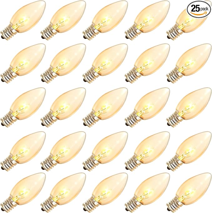 Abeja 25 Pack C9 Incandescent Replacement Bulb C9 Christmas Light Bulb for Holiday Party Christmas Decorative String Light E17 Intermediate Base 7w Clear Bulb