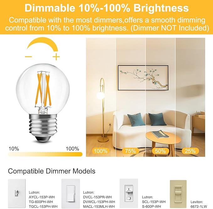 BRIMAX 10 Pack G16.5 Light Bulbs Dimmable,6W Equal 60 Watt 600lm, E26 Small Globe LED Bulbs,2700K Warm White,AC120V,Flicker Free for Ceiling Fans Chandelier