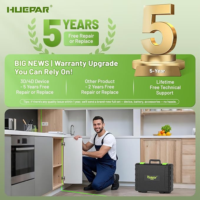 Huepar Laser Level, Self-leveling 16 Lines Green Beam 4D Cross Line Tiling Floor Laser Tool-2 x 360 Horizontal & 2 x 360 Vertical Laser Lines with Two Li-ion Batteries and Hard Carry Case-LS04CG