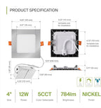 ASD 6 Pack LED Square Recessed Lighting 4 Inch, 5 CCT 2700K-5000K, 12W 50W Eqv, Ultra Thin Dimmable Ceiling Lights with J Box, Canless Wafer Downlight, Slim Panel Light, UL Energy Star, Brushed Nickel