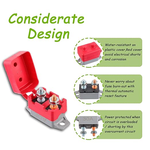 30A 12V-24V Automatic Reset Circuit Breaker with Cover Stud Bolt for Battery Chargers Trucks Car Engines and More(2pcs)