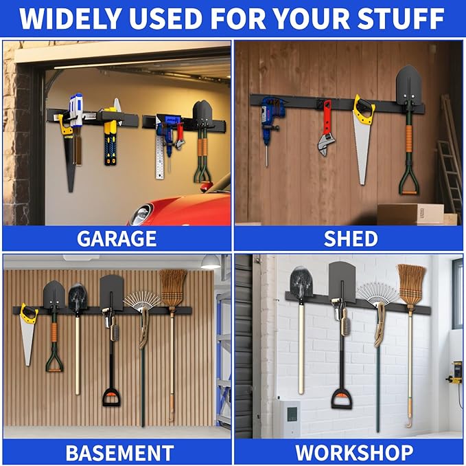 Garden Tool Organizer Wall Mount, 48inch Heavy Duty Garden Tool organizer Storage System, Easy Install With 9 Adjustable Hooks, For Garage, Basement, Shed, Workshop(Black)