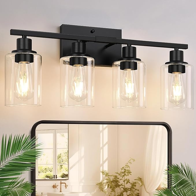 4-Light Bathroom Light Fixtures, Matte Black Modern Vanity Lights with Clear Glass Shades, Bathroom Wall Lamp for Mirror Living Room Cabinet Bedroom Porch