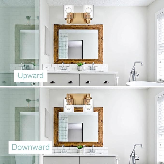 2 Light Bathroom Vanity Lights Brushed Brass Bathroom Lighting Fixtures over Mirror with Clear Glass Shade, Vintage Gold Vanity Light For Bathoom, Modern Bathroom Wall Vanity Lighting Fixtures
