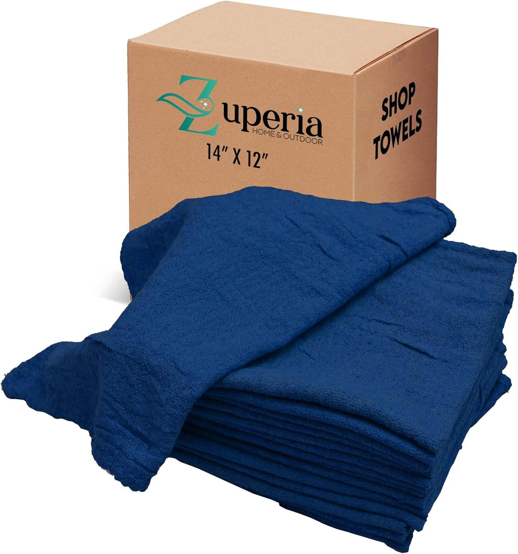ZUPERIA Cotton Shop Towel – Multipurpose Cleaning Cloths (14" x 12" - Pack of 150 - Blue) Reusable Shop Rags for Automobiles, Industrial, Restaurants, Garage, and Homes