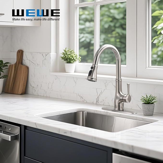 WEWE Vintage Kitchen Faucet with Pull Down Sprayer, Stainless Steel 1 or 3 Hole High Arc Single Handle Antique Sink Faucet for Classic Modern Ktichen, Brushed Nickel