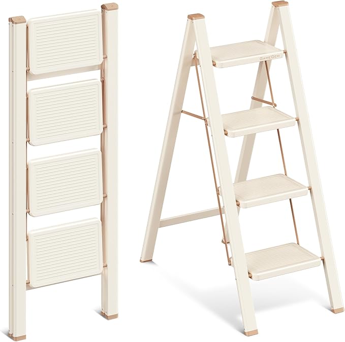 GameGem 4 Step Ladder, 4 Step Stool for Adults, Folding Step Ladder with Secure Footing, Widened Pedal, Aesthetically Pleasing Looking, Blends Right into Domestic Rooms, Cream Chocolate