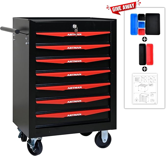 7-Drawer Steel Rolling Tool Cart with Wheels & Handle, Heavy-Duty Tool Chest Storage Cabinet for Garage and Workshop