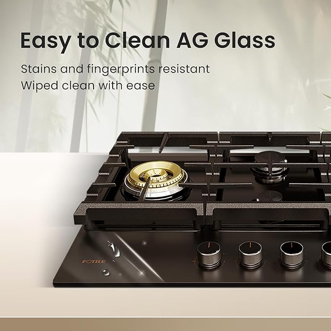 FOTILE GLG30401 30” Black Tempered Glass 4-Burner Gas Cooktop, Tri-Ring 18,000 BTUs Left Burner with Flame Failure Protection Removable Grates and Installation/LP Kit