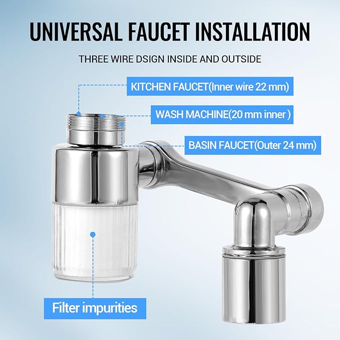 1080° Swivel Tap Extension, Swivel Robot Arm Bathroom Tap Extension, Kitchen Swivel Extension Filter with 2 Mode Splash Proofing (Extender with filter, Silver coloured)