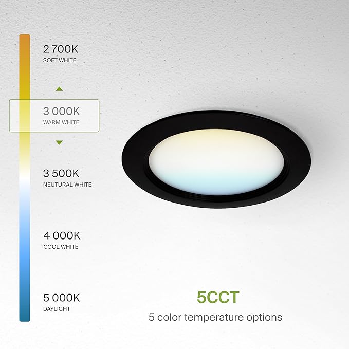 ASD Recessed Lighting 6 Inch Round Commercial LED Downlight, Mini Panel Baffle Trim, 15W 120-277V, 5 CCT 2700K/3000K/3500K/4000K/5000K, Dimmable LED Ceiling Light Fixture, Black, ETL, 6 Pack